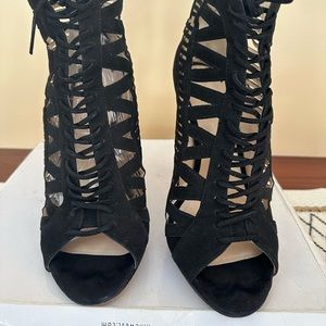 Black Suede Open-Toe Heels with Intricate Cut-Outs